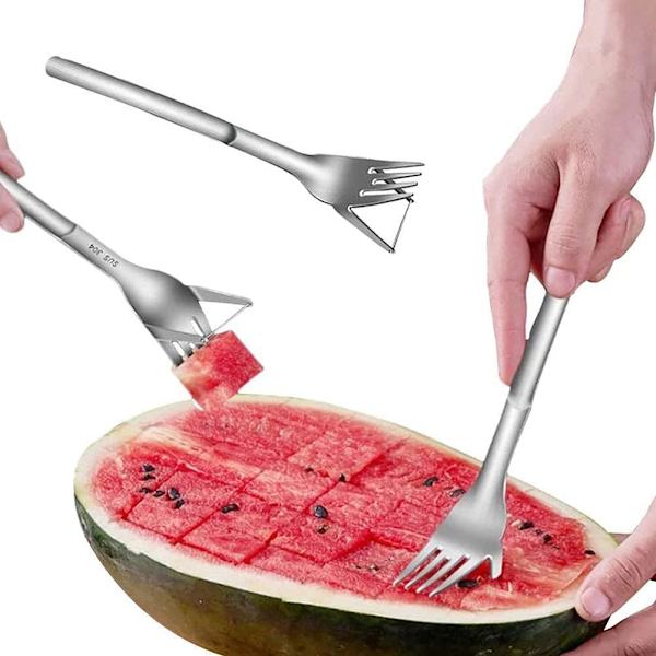 2 in 1 vesimeloniviipaloija ja -leikkuri - Ruostumattomasta teräksestä valmistettu hedelmienleikkaushaarukka, melonin kuutioidenleikkaustyökalu keittiöön