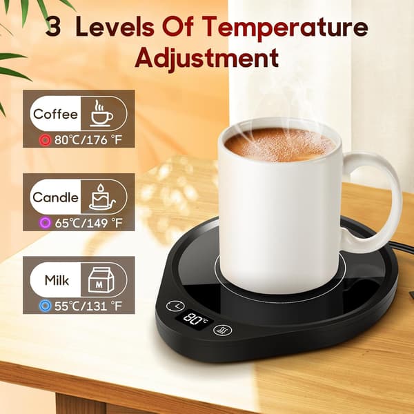 Kaffekrusvarmer, automatisk slukning, 3 temperaturer og 2-12 timers timer, til kaffe, mælk, te, vand, sort