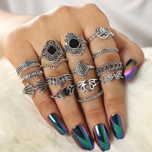 Krystal Ring Sølv Led Knuckle Ringe Sæt Stablet Smykker Ring til Kvinder og Piger (15 Stk)