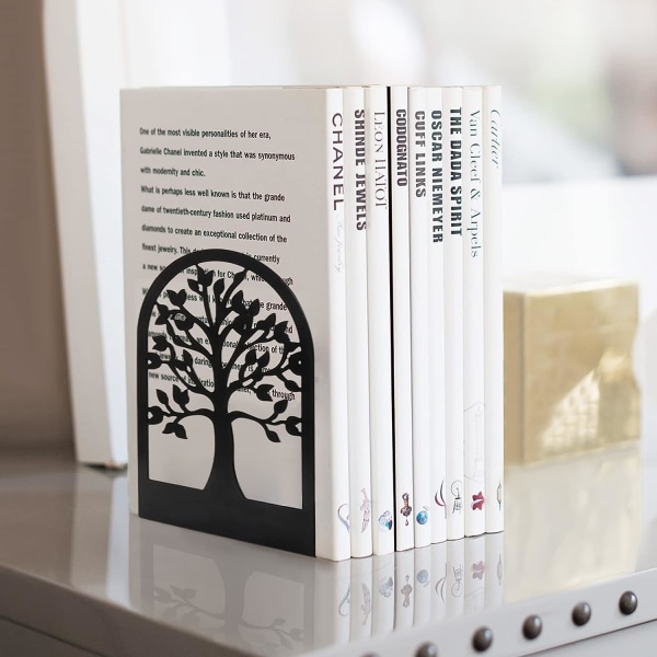 Bokstöd Bokstöd i metall för att hålla böcker, dekorativa bokstöd för träd för hyllor, svart bokstöd för tunga böcker, bokhållare (3 par)