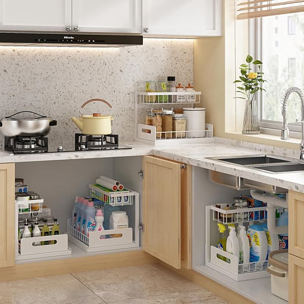 Under Sink Organizer, Pull Out Cabinet Organizer 2 Tier Slide Out Sink Shelf Cabinet Storage Shelves, Under Sink Storage White, 1 Pack