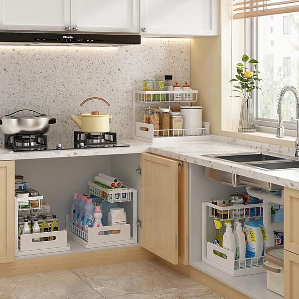 Under Sink Organizer, Pull Out Cabinet Organizer 2 Tier Slide Out Sink Shelf Cabinet Storage Shelves, Under Sink Storage White 2 Pack