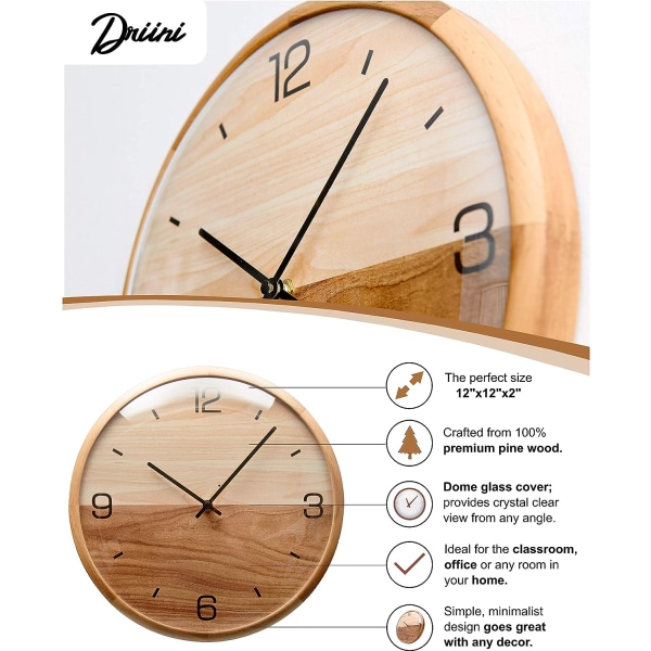 Analog Dome Glass Veggklokke (12\") - Furu Ramme med To-Tone Trefarge - Batteridrevet med Stille Bevegelse - Store Dekorative Klokker