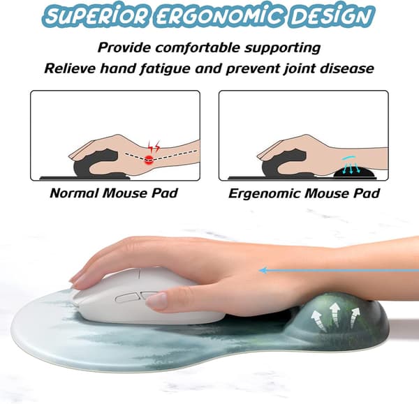 1 stk. Ergonomisk musemåtte med håndledsstøtte, gel musemåtter med skridsikker PU-base, smertelindrende memory foam musemåtte, Black Forest