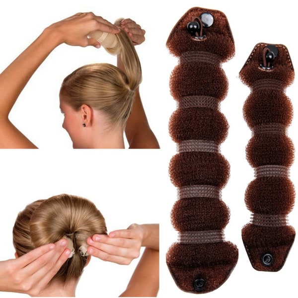2 delar Magic Hair Styling Twist Ring Former Shaper Donut Chignon Bull Maker Clip Hårrullare Liten & Stor (Brun)