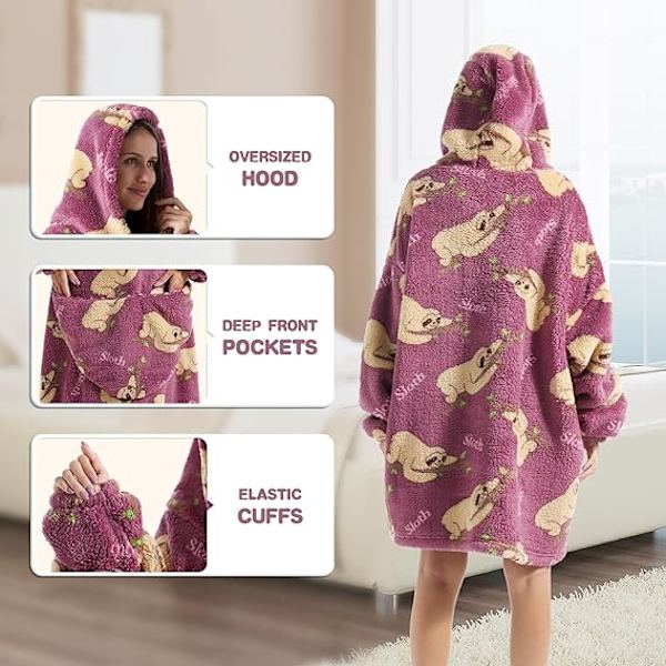 Överdimensionerad filttröja, vuxen dam fleece bärbar filt varm och mysig jättehuvtröja fluffig tröja för kvinnor och män Sloth Lying Down