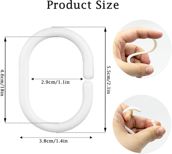 24-pack Duschdraperiringar i Plast - Krokar med Tyst Glid C-Formad Design, Kraftiga & Snabb Snäppinstallation (Vit)