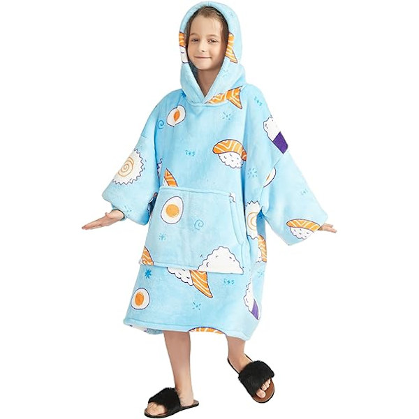Oversized hættetrøje bærbart tæppe sweatshirt til mænd og kvinder, behageligt Sherpa-for super blødt plys varmt tæppe hættetrøje, hjemmehættetrøje gaver Sushi Blue