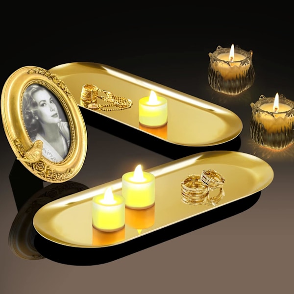 Guldbelagt Bakke, 2 stk. Rustfrit Stål Oval Opbevaringsbakke, Kosmetik Organizer Bakke, Bakke til Dessert, Smykker, Lys - 30*12.5cm