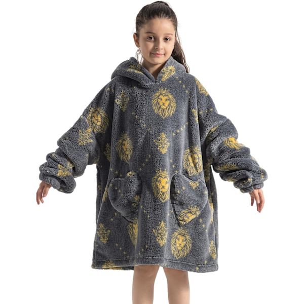Barn Överdimensionerad Bärbar Filt Hoodie, Super Mjuk Varm Bekväm Sweatshirt Pullover Bärbar Filt för Pojkar Flickor Grey Lion