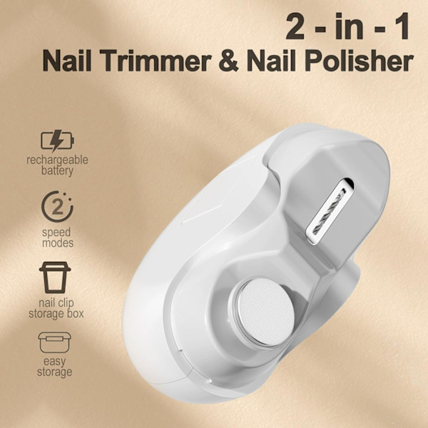 Elektrisk automatisk nagelklippare och fil med USB-laddning, för baby barn seniorer vuxna äldre nagelvård white