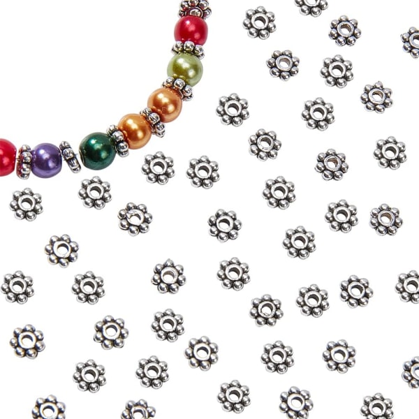 36 st Antik Silver Tone Retro Style Christmas Snowflake Daisy Spacer Beads för smyckestillverkning, ca 4 mm i diameter, hål: 1,2 mm