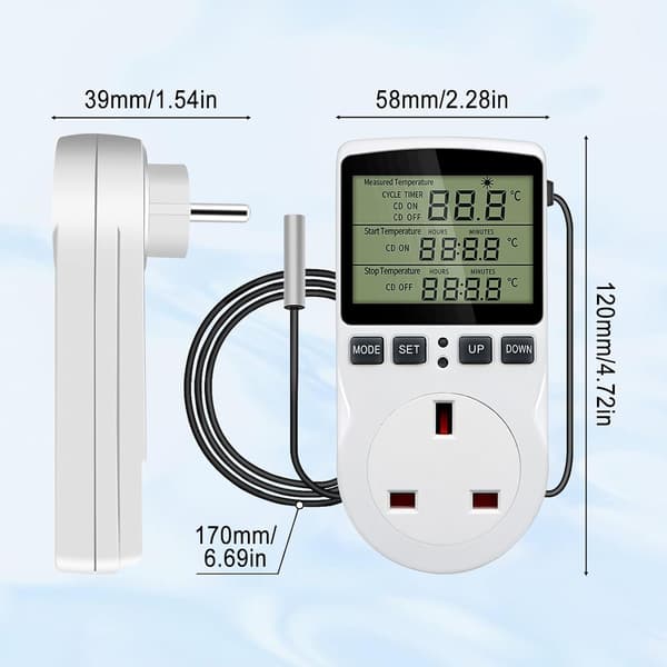 Digital temperaturkontroller, oppvarming kjøling timer, termostat UK-plugg med sensorprobe, for drivhus, gård, kjøleskap