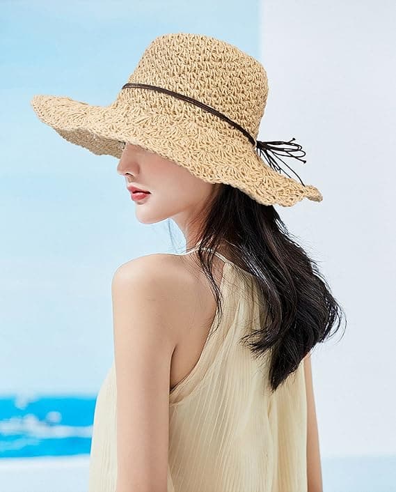 Stråhatt for kvinner, sammenleggbar Boho sommerdame strandhatt med