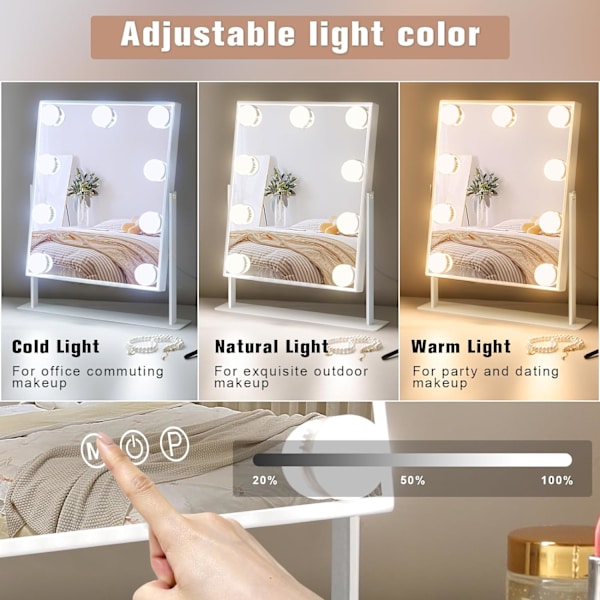 Hollywood Lighted Makeup Mirror med 3 farvebelysningstilstande og 9 dæmpbare pærer, Smart Touch Control, 360° rotation, hvid