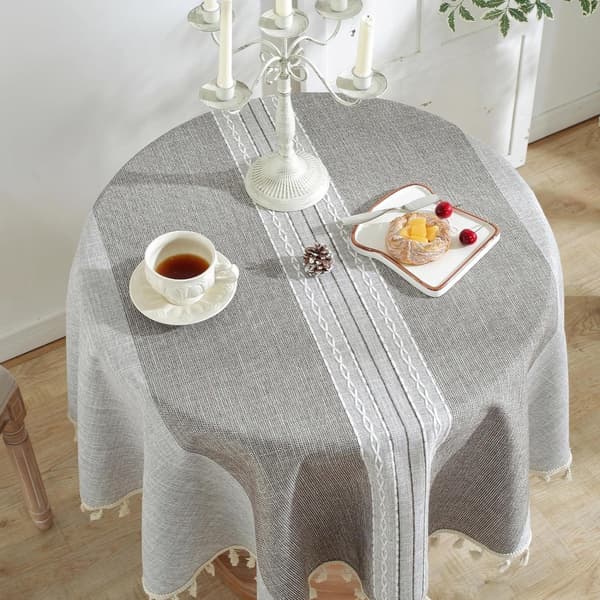 Rund bordsduk i polyester med tofsar, maskintvättbar, 140 cm, grå