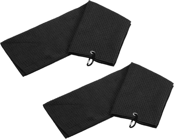 2 stk. Tri-Fold golfhåndklæder, golfkølle vaffelmønster håndklæder, med D-clips til golfboldelskere (sort, 16x16 tommer)