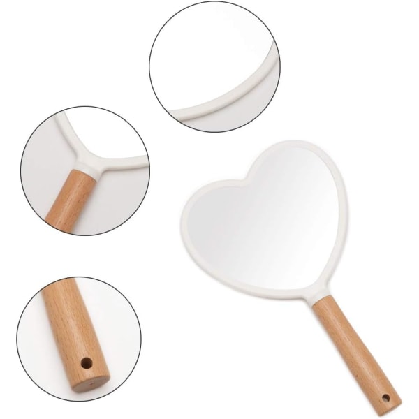 Handhållen spegel med handtag för smink, liten söt trähandspegel för rakning med hålhängande bärbar (hjärta)