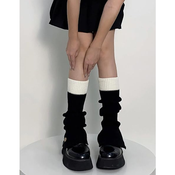 Flickor Kawaii Benvärmare Stickade Utsvasade Benärmar Goth Virkad Baggy Manschett Ankel Hög Strumpor black and white