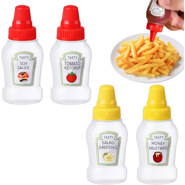 4 stk. Mini Ketchup Dispenser, 25 ml Ketchup/Honning/Soyasaus/Salat Klemflasker, Små Klemflasker til Saus med Skruelokk