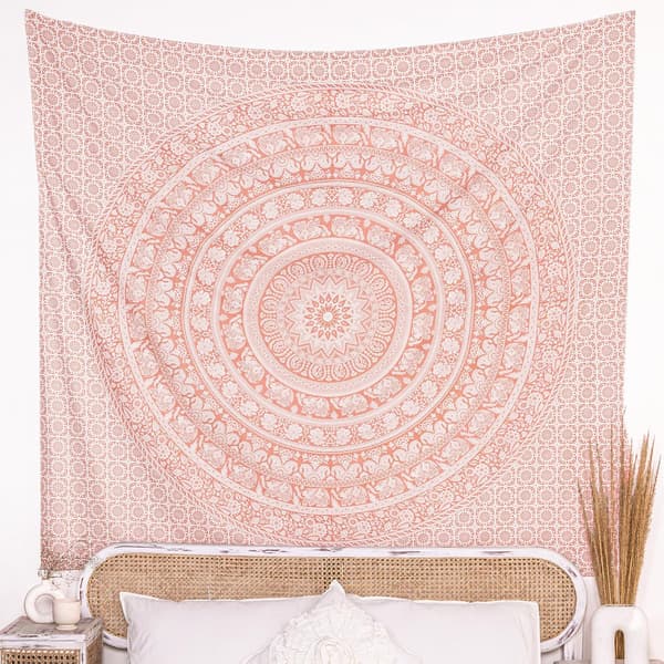 Bohemisk Mandala Tapestry Roséguld Bomull Väggbonad med Boho Elefantdesign för Sovrum, Sovsal, Heminredning 130x200 cm