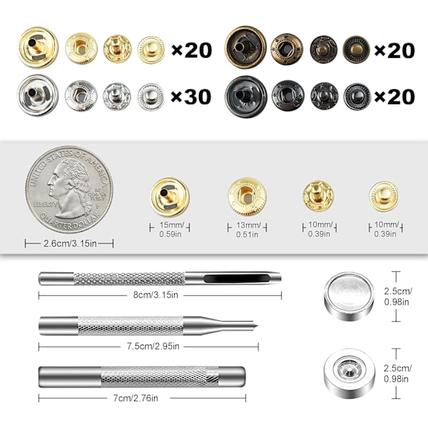 90 Sarjaa 15mm Messinkisiä Nepparikiinnityssarjoja 4 Asetustyökalulla, 4-Väriset Painonapit Ilman Ompelua, Nepparit Ompeluun, Vaatteisiin, Nahkaan, Rannekoruihin, Laukuihin