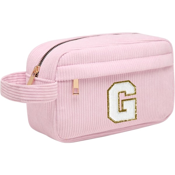 Personlig Initial Sminkväska för Kvinnor, Reseväska för Kosmetika, Stor Kapacitet Corduroy Sminkväska, Jul- och Födelsedagspresent, Rosa G