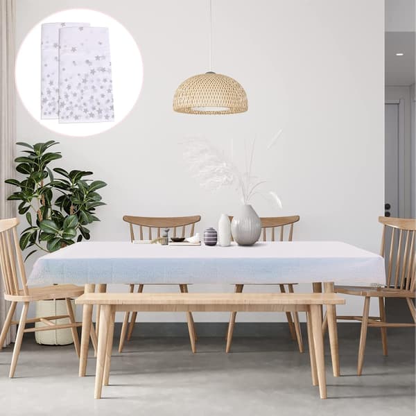 2 stk 137*274cm Hvite og Sølv Plast Engangs Duker, Sølvstjerne Rektangulær Vanntett Borddekke for Piknik, Jul
