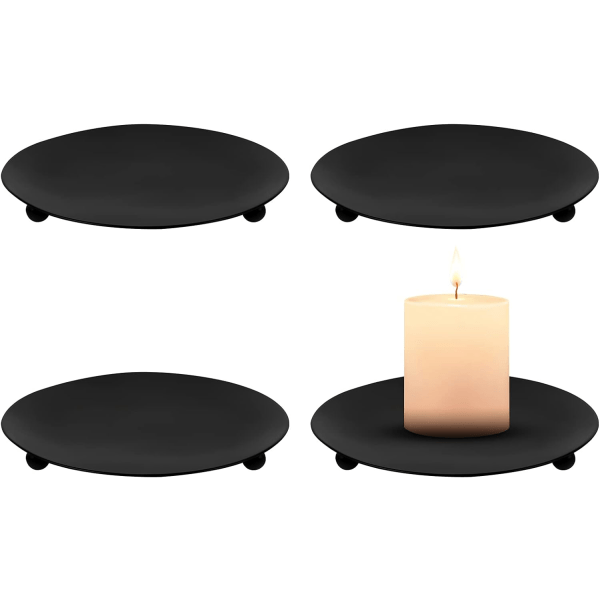 Candle Holders Retro 4Pcs Black Pillar Candle Holders 3.93inch Iron Candle Tray Holders Candlestick Round Votive Candle Holders Tray Decorations