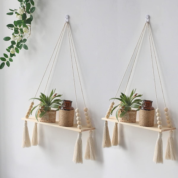 2 Pakk Veggmonterte Hyller i Tre - Makrame Hengelampehylle med Kvast, Boho Oppbevaring Flytende Hyller Håndlaget Stativ Holder