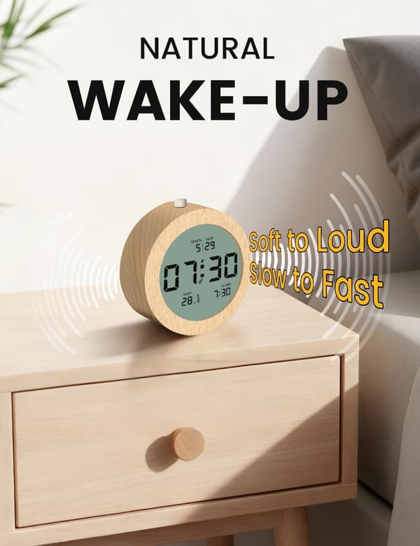 Digital väckarklocka, sängklocka i trä med temperatur- och datum-LCD-display, 3 AAA-batterier (batterier ingår ej)