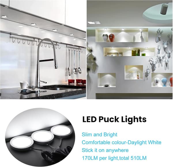 LED Puck-lys under skab, under-bordplade belysningssæt, DC 12V 5000K dagslys hvidt køkkenlys