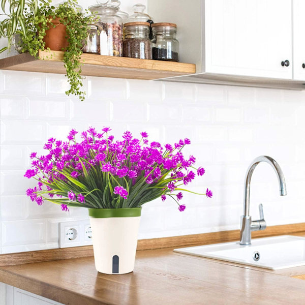 Konstgjorda falska blommor, 12 buntar utomhus UV-beständiga grönskande buskar växter inomhus utomhus hängande planterare hem trädgårdsinredning Purple