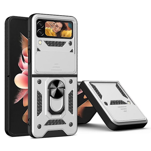Kestävä panssarikuori, yhteensopiva Galaxy Z Flip 4:n kanssa, kova PC-iskunkestävä suojus rengaspidikkeellä