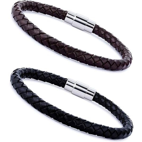 2 st, flätad läderarmband i rostfritt stål för män och kvinnors handledsmanchett armband, svart