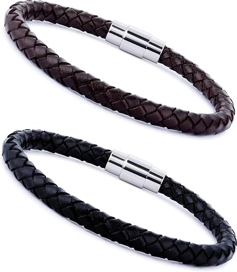 2PC, flettet læderarmbånd i rustfrit stål til mænd og kvinders håndledsarmbånd, sort