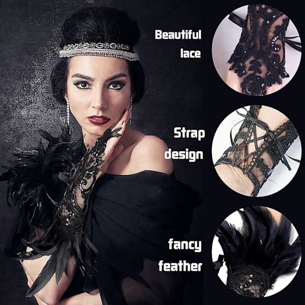 Fjerblonder Handsker, Vintage Blonder Handsker, Blonder Handsker, Velegnet til Aftensfester, Karneval, Halloween, Galla, Cosplay, Fest Black