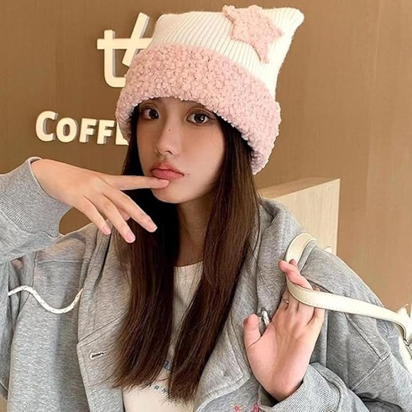 Kattmössa Y2k Beanie Stjärnlapp Stickad Hatt Y2k Tillbehör Kawaii Koreansk Gyaru Kläder pink