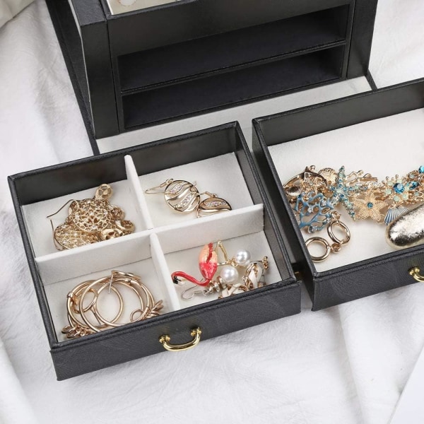 Smyckeskrin Organizer Tre lager PU läder Smycken case för ringar Örhängen Halsband Armband konstläder (svart)