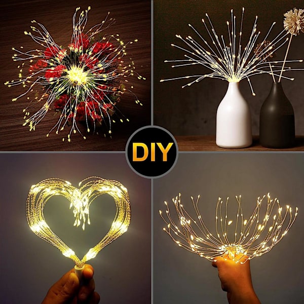 Fyrverkeri lys 200 LED kobbertråd Starburst lys, 8 moduser batteridrevet fe stjernesfære lys med fjernkontroll 2 stk