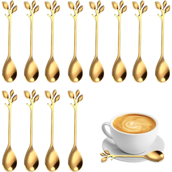 12 stk. Rustfrit Stål Blad Kaffe Skeer, Mini Gren Design Kaffe Ske, Dessert Ske, Teske Sæt, til Vand, Mælk, Kaffe, Dessert, Drikkevarer Gold