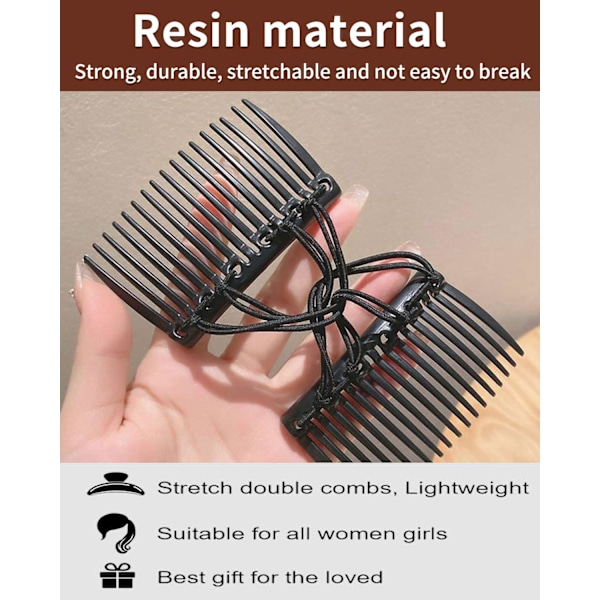 2 stk. Elastisk hårkam for kvinner, elastisk hårspennekam med dobbel kam Hårspennetilbehør Kvinner Hårstylingverktøy for tynt hår, svart