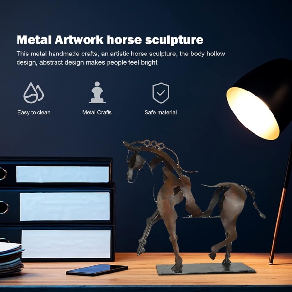 Metallhästskulptur, LED-staty för modern hästhantverksstaty, dekorativa metallprydnader i ihålig bordsskiva, rostig staty för stående häst