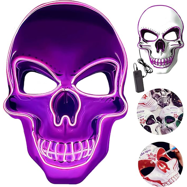 Halloween-masker, The Purge LED-maske, LED-skjelettmaske, V for Vendetta-maske, DIY-skallemaling og 3 lysmoduser for fest, karnevalskostyme, jul purple