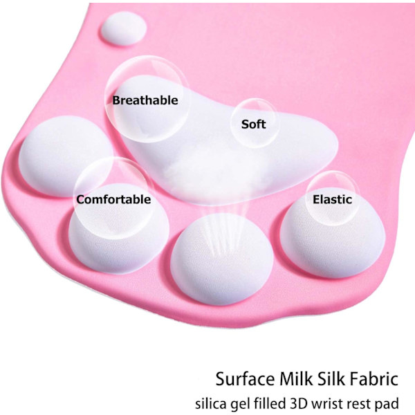 Musematte med kattepote, ergonomisk musematte, musematte med håndleddstøtte, musematte i silikongel, søt musematte, rosa og hvit