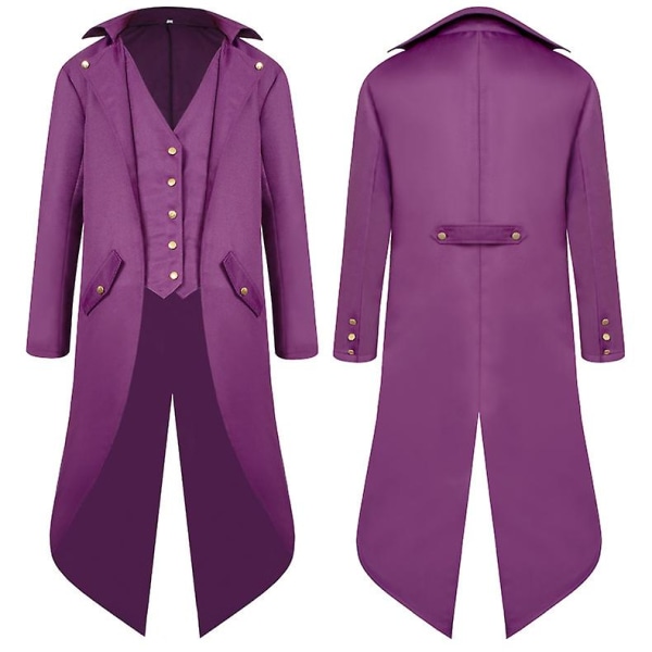 Mænd middelalderlig svalehalefrakke Lang kjolefrakke W Purple XL