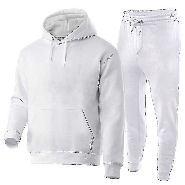 2-delt/sett Fitness treningsdress for menn Uformelle sportsbukser Topp sweatdress Hettegensersett #yogu vY White L