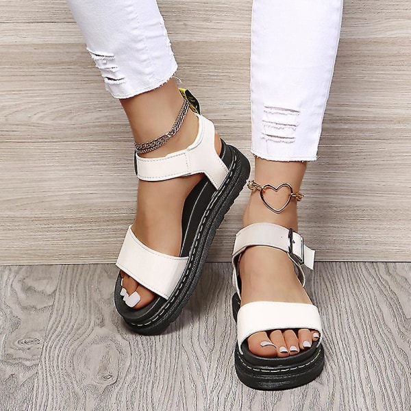 Damsandaler med platt form sommar ankelrem Chunky Platform Fashion Shoes vY White EU 41