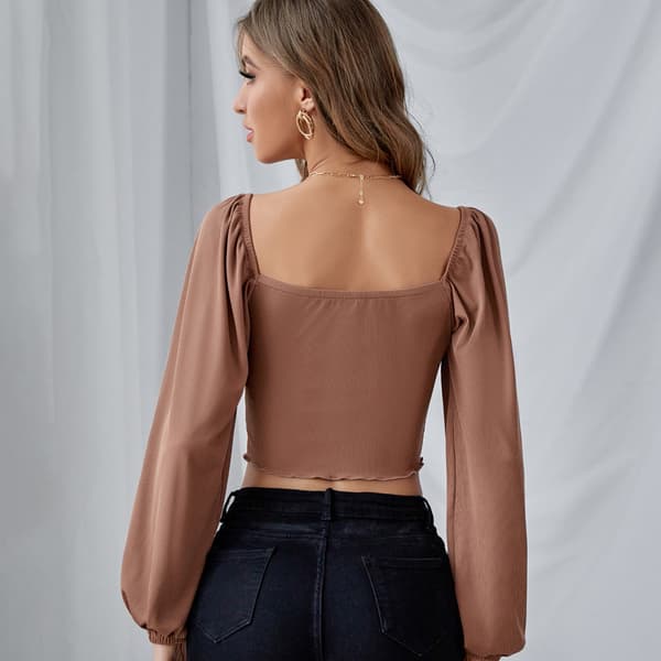 Bluser med snøre Steam Puff Sleeve Front V Neck Crop Tee yz L