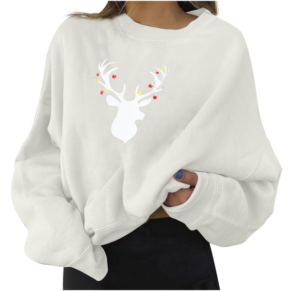 Ladie Casual Christmas Elg Print Pullover Langermet Sweatshirt Z X White 2XL